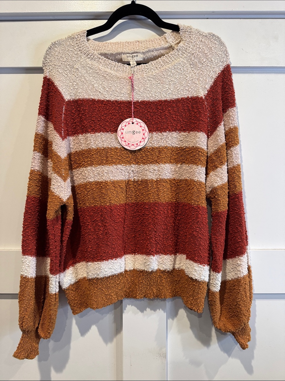 Umgee Striped Crewneck Sweater - Rust, Cream & Tan